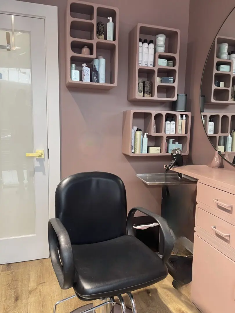 IMG_5624 hair salon with chair and shelves in the meatpacking district of NYC